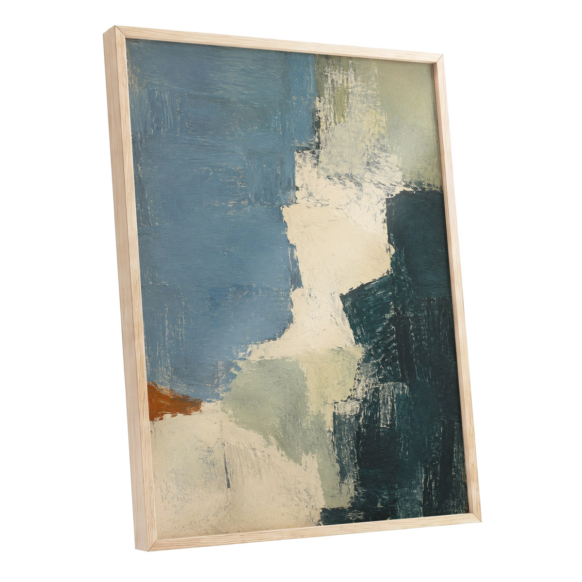 Quiet Colourfields, blue, green, beige abstract wall art shown as a oak framed poster wall art print