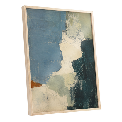 Quiet Colourfields, blue, green, beige abstract wall art shown as a oak framed poster wall art print