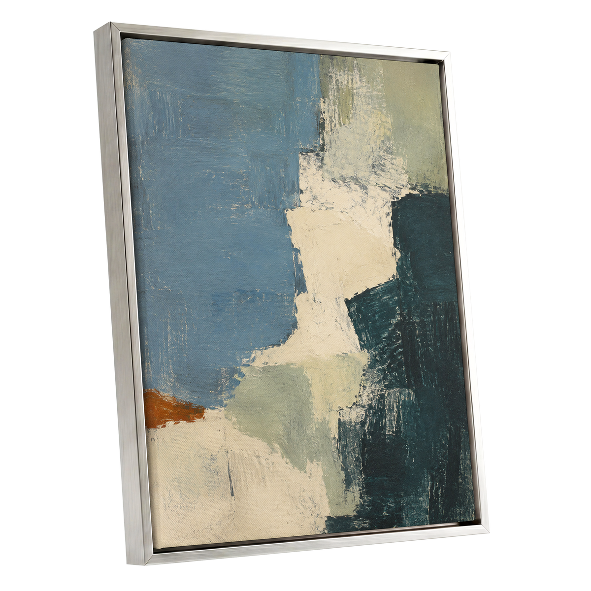 Quiet Colourfields, blue, green, beige abstract wall art shown as a silver framed canvas wall art