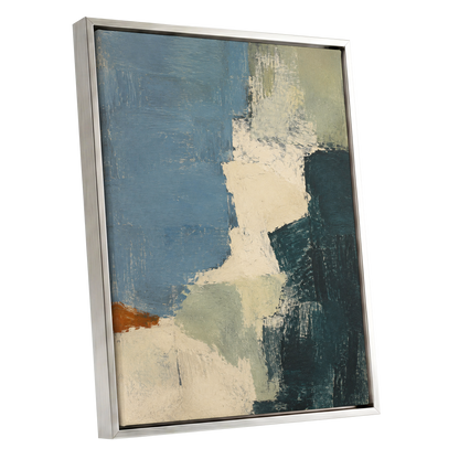 Quiet Colourfields, blue, green, beige abstract wall art shown as a silver framed canvas wall art