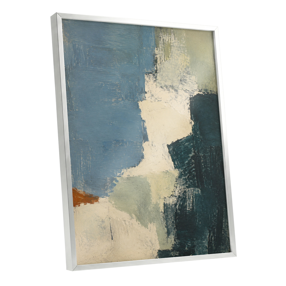 Quiet Colourfields, blue, green, beige abstract wall art shown as a silver framed poster wall art print