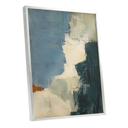 Quiet Colourfields, blue, green, beige abstract wall art shown as a silver framed poster wall art print