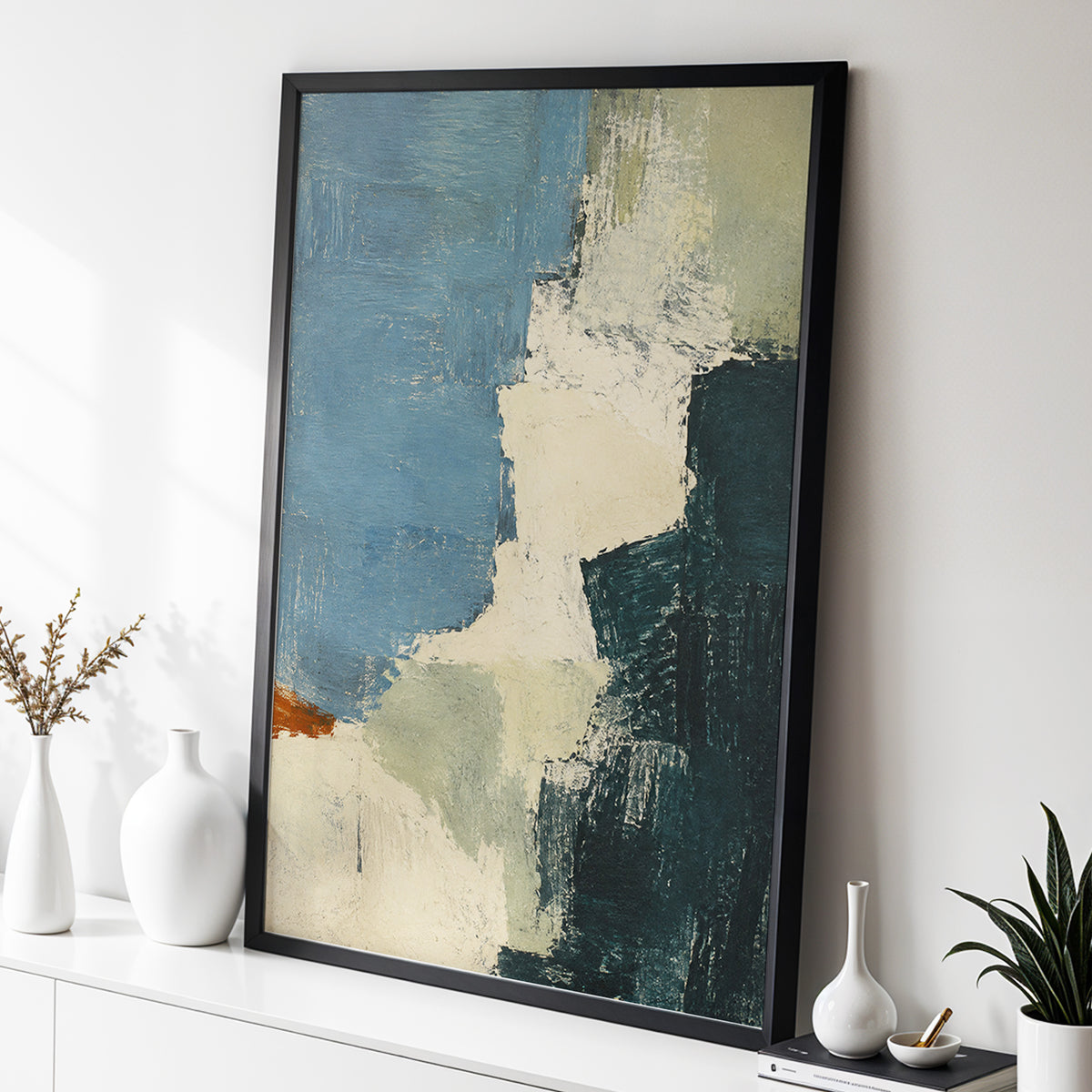 Quiet Colourfields, blue, green, beige abstract wall art displayed in a styled interior, gallery view 2