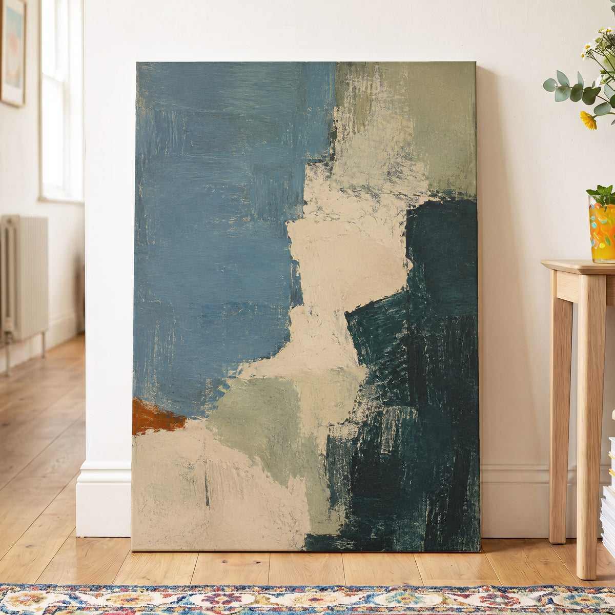 Quiet Colourfields, blue, green, beige abstract wall art displayed in a styled interior, gallery view 3