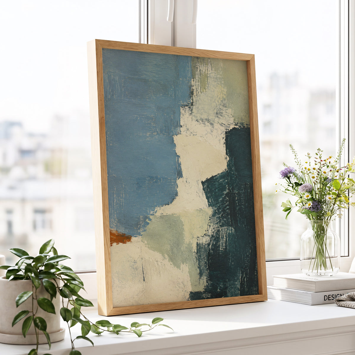 Quiet Colourfields, blue, green, beige abstract wall art displayed in a styled interior, gallery view 6
