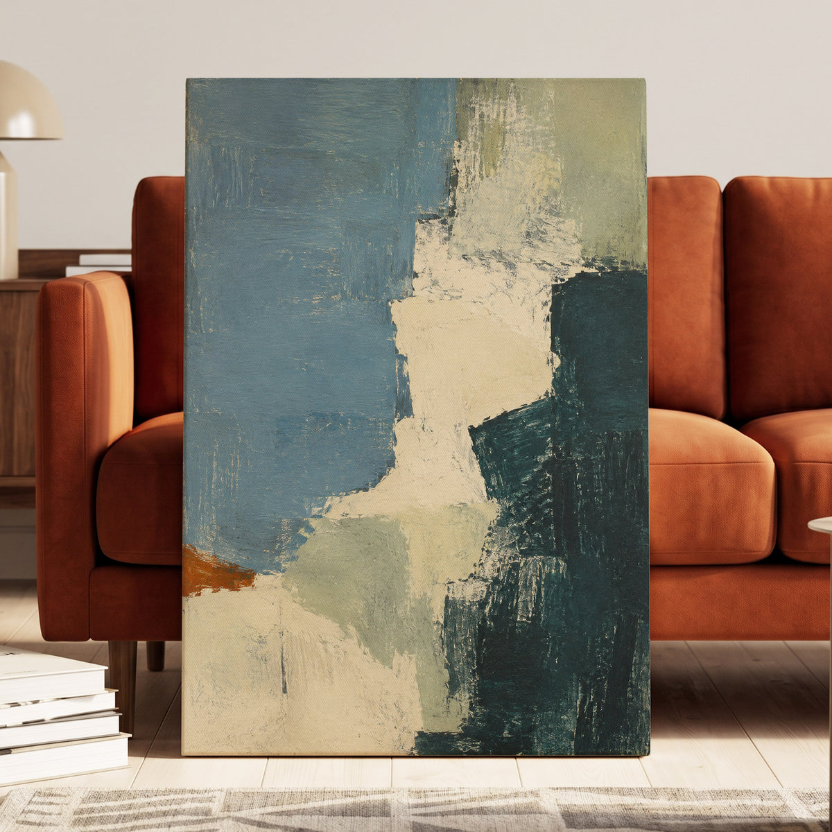 Quiet Colourfields, blue, green, beige abstract wall art displayed in a styled interior, gallery view 7
