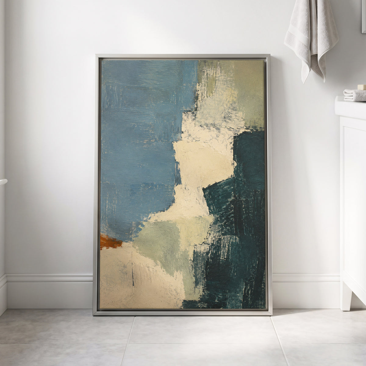 Quiet Colourfields, blue, green, beige abstract wall art displayed in a styled interior, gallery view 8