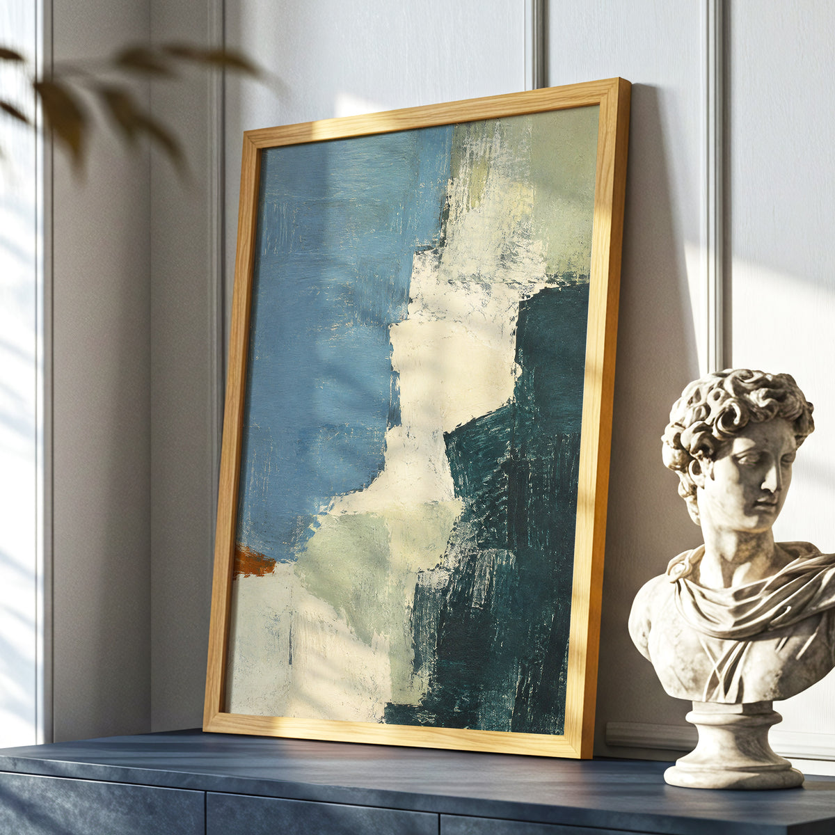 Quiet Colourfields, blue, green, beige abstract wall art displayed in a styled interior, gallery view 9