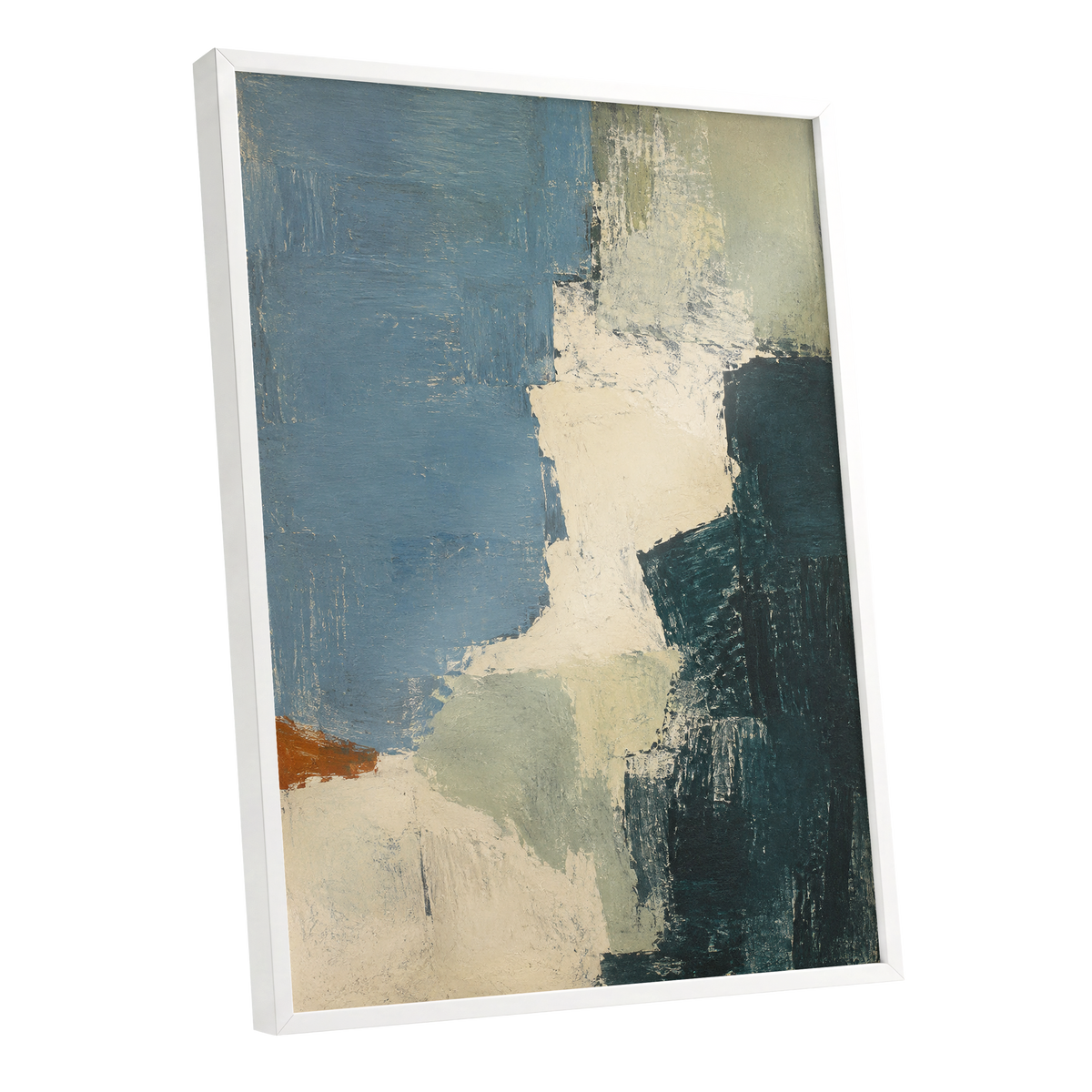 Quiet Colourfields, blue, green, beige abstract wall art shown as a white framed poster wall art print