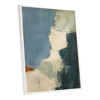 Quiet Colourfields, blue, green, beige abstract wall art shown as a white framed poster wall art print