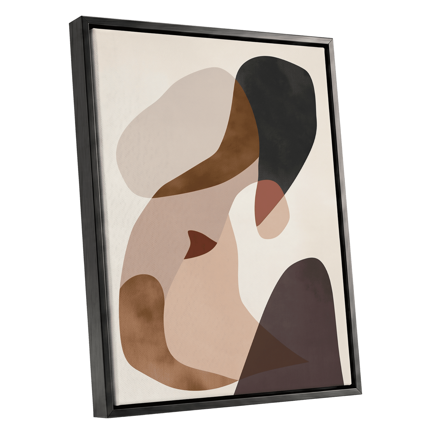 Quiet Confluence, black, beige, brown abstract wall art shown as a black framed canvas wall art