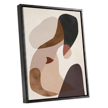 Quiet Confluence, black, beige, brown abstract wall art shown as a black framed canvas wall art