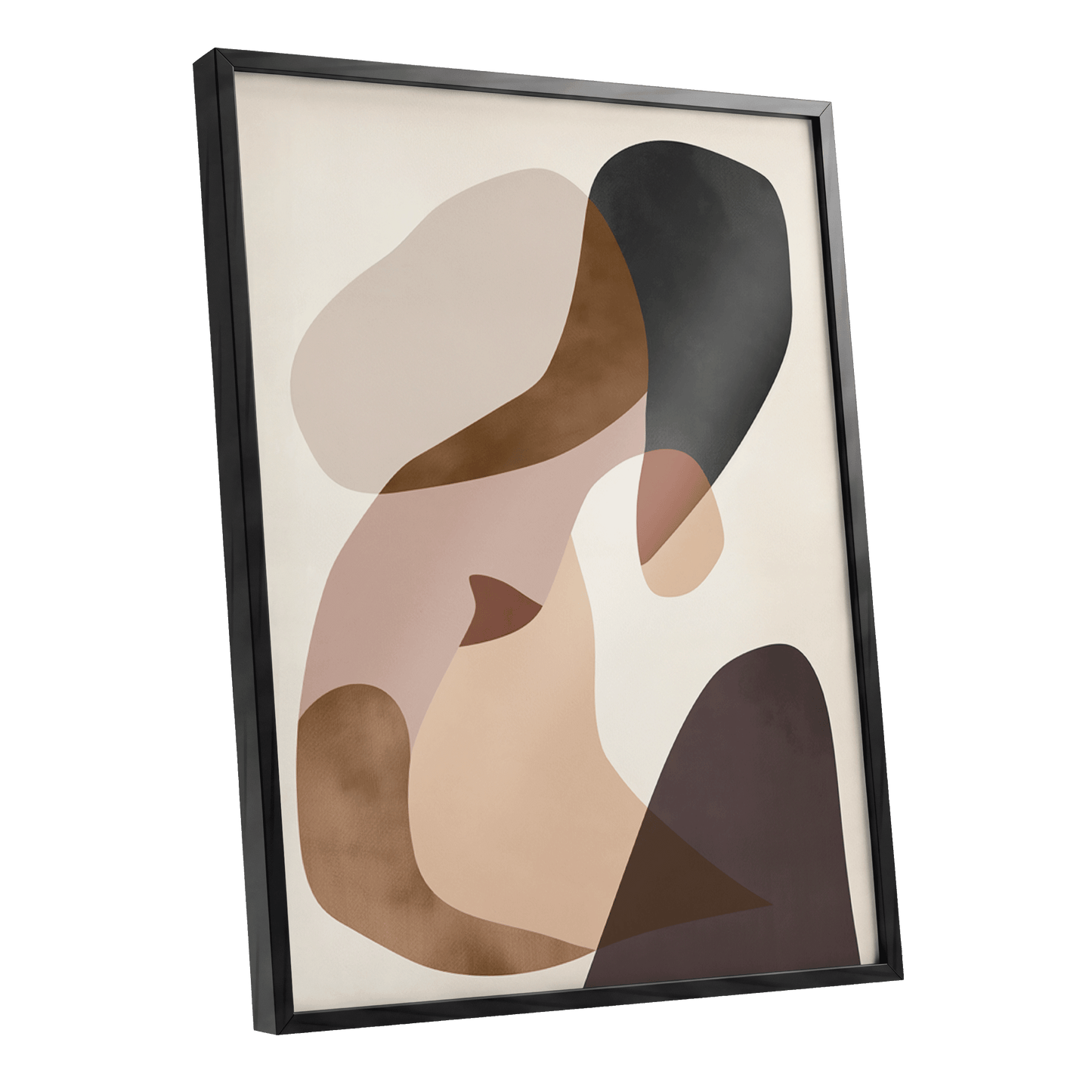 Quiet Confluence, black, beige, brown abstract wall art shown as a black framed poster wall art print