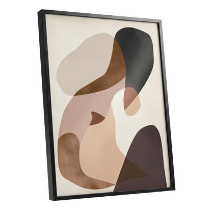 Quiet Confluence, black, beige, brown abstract wall art shown as a black framed poster wall art print