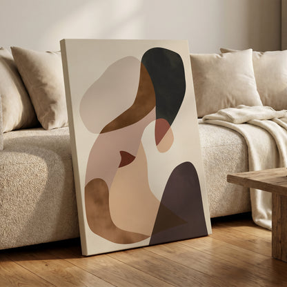 Quiet Confluence, black, beige, brown abstract wall art on canvas displayed in a styled interior, gallery view 1