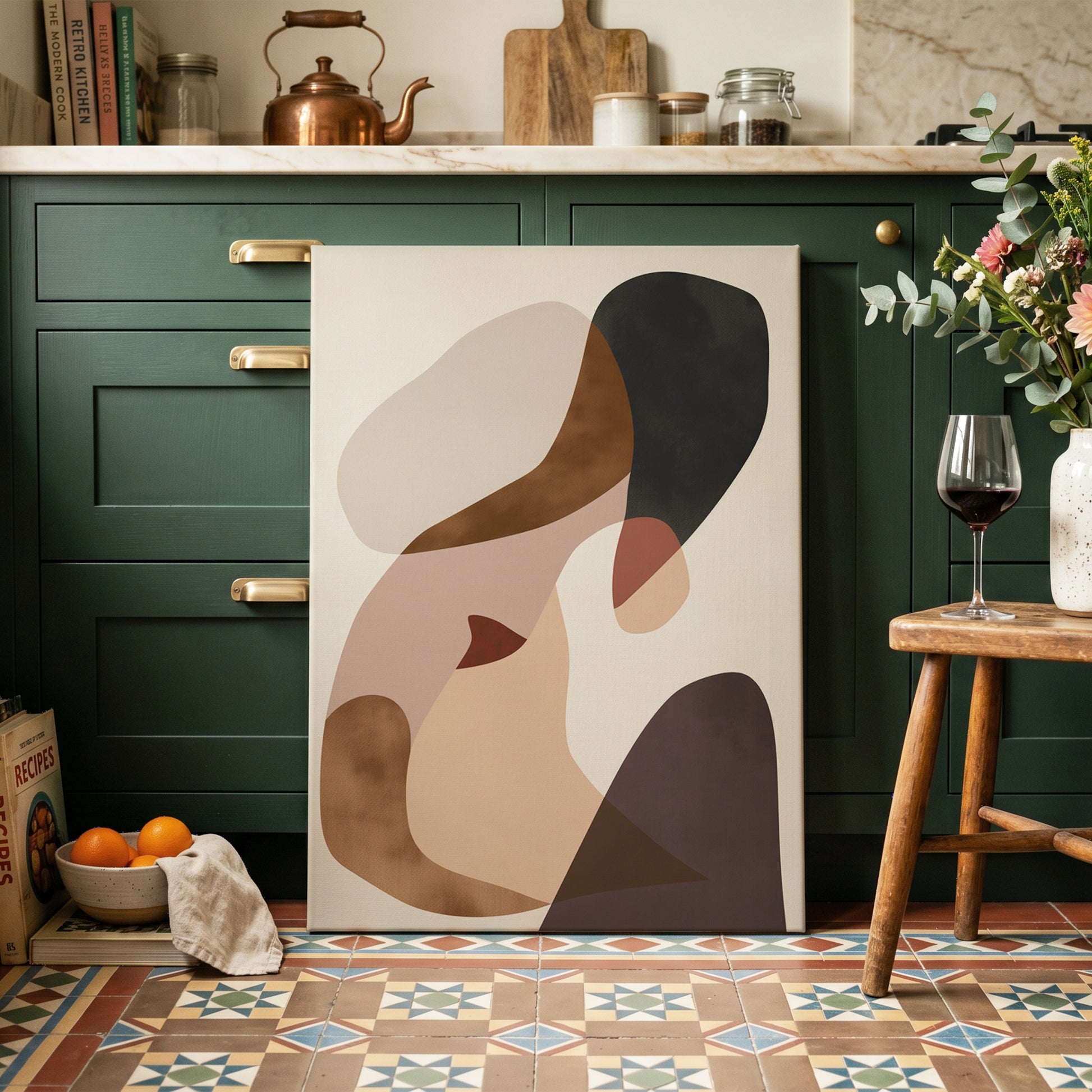 Quiet Confluence, black, beige, brown abstract wall art on canvas displayed in a styled interior, gallery view 2