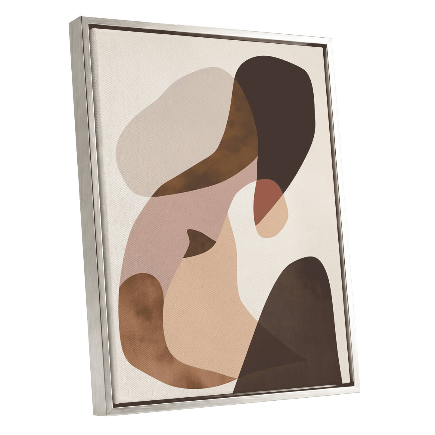 Quiet Confluence, black, beige, brown abstract wall art shown as a silver framed canvas wall art