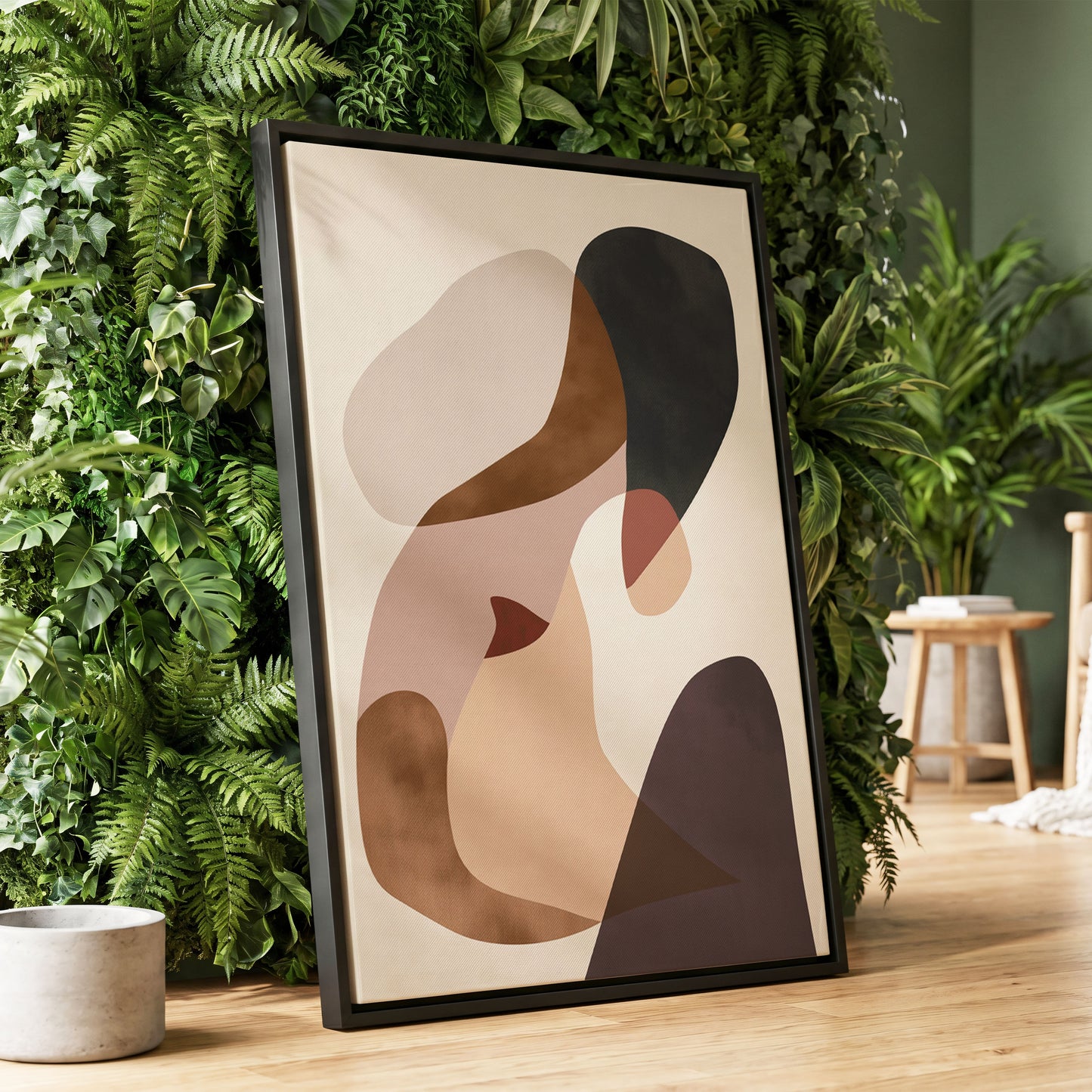 Quiet Confluence, black, beige, brown abstract wall art displayed in a styled interior, gallery view 1