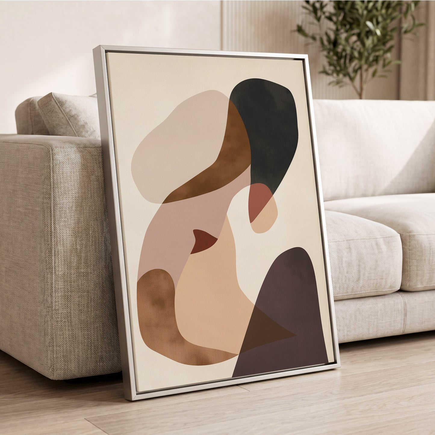 Quiet Confluence, black, beige, brown abstract wall art displayed in a styled interior, gallery view 2