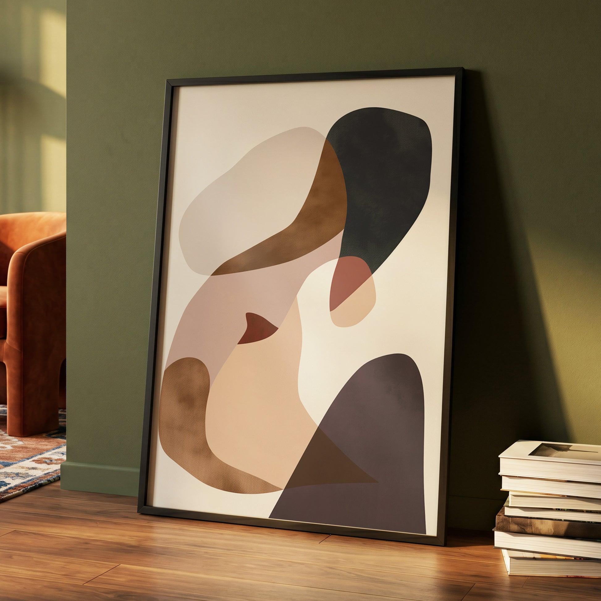 Quiet Confluence, black, beige, brown abstract wall art displayed in a styled interior, gallery view 4
