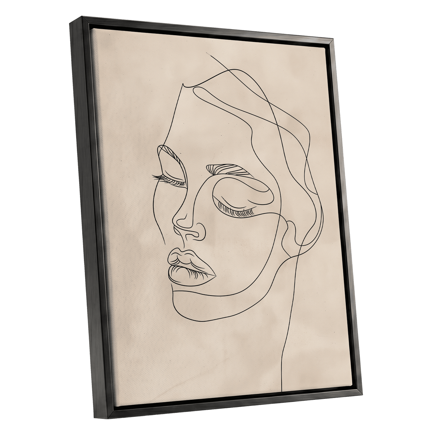 Quiet Contour, black, beige minimalist wall art shown as a black framed canvas wall art