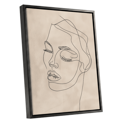 Quiet Contour, black, beige minimalist wall art shown as a black framed canvas wall art