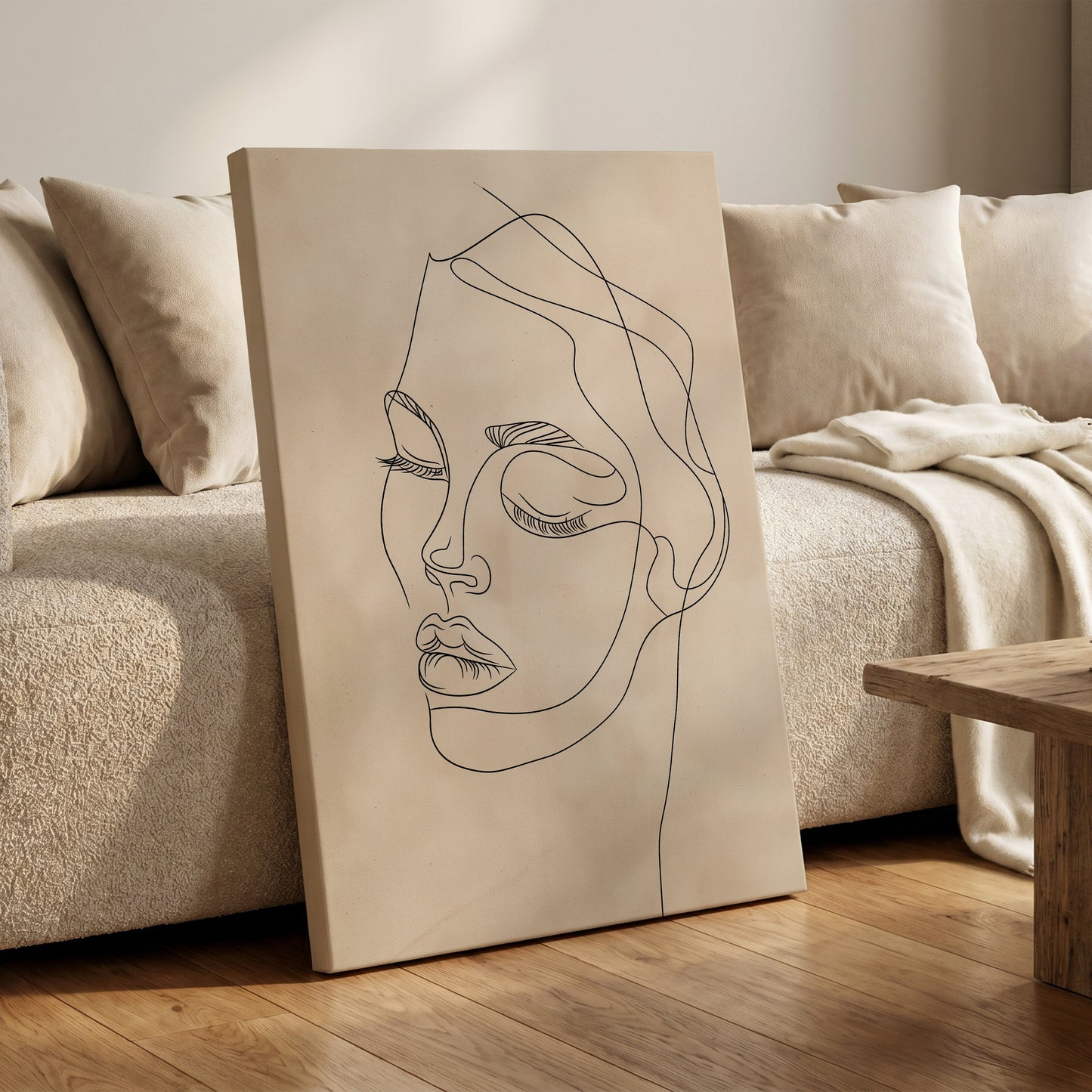 Quiet Contour, black, beige minimalist wall art on canvas displayed in a styled interior, gallery view 1