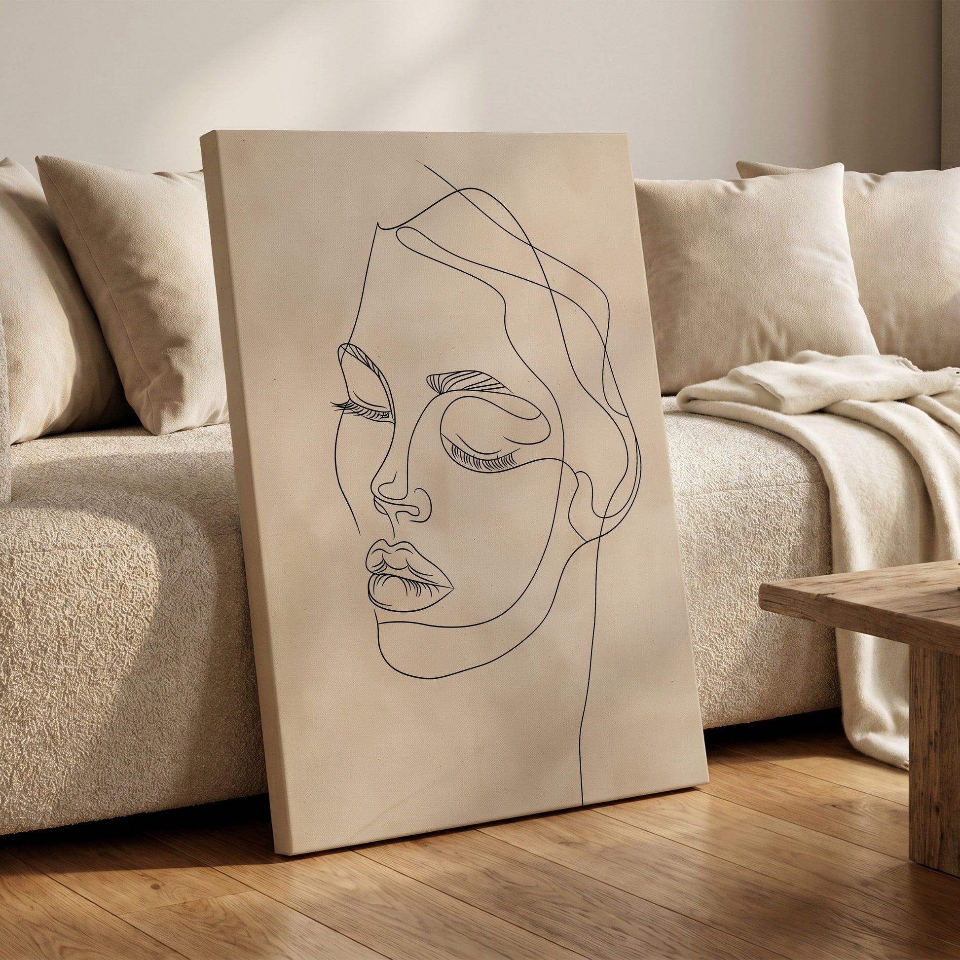 Quiet Contour, black, beige minimalist wall art on canvas displayed in a styled interior, gallery view 1
