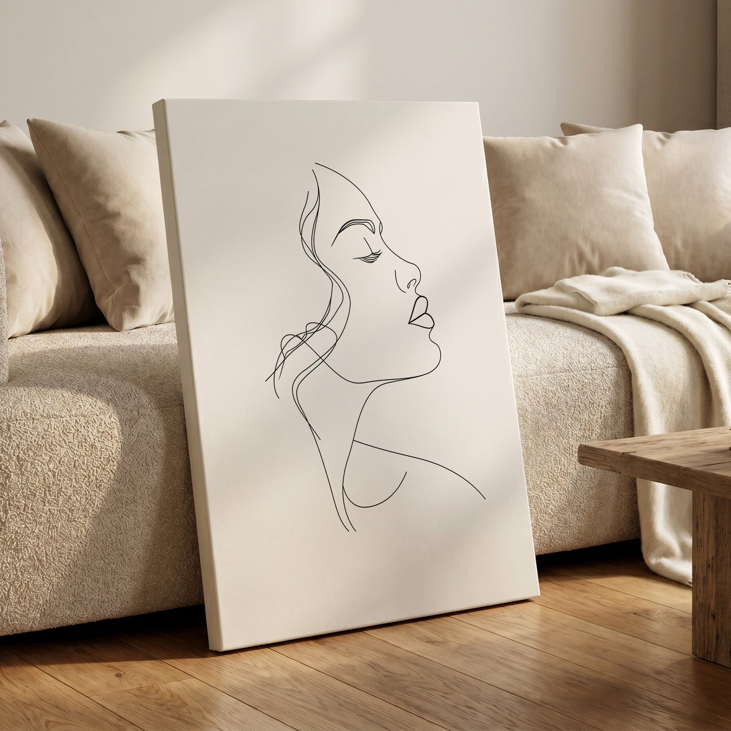 Quiet Contour, black, white minimalist wall art on canvas displayed in a styled interior, gallery view 1