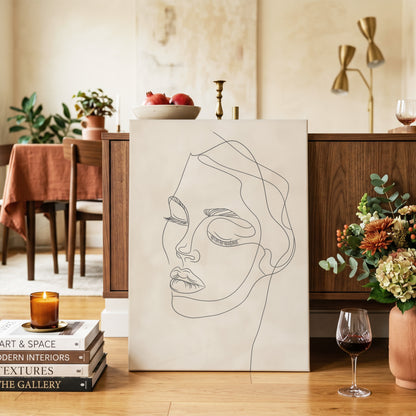 Quiet Contour, black, beige minimalist wall art on canvas displayed in a styled interior, gallery view 2