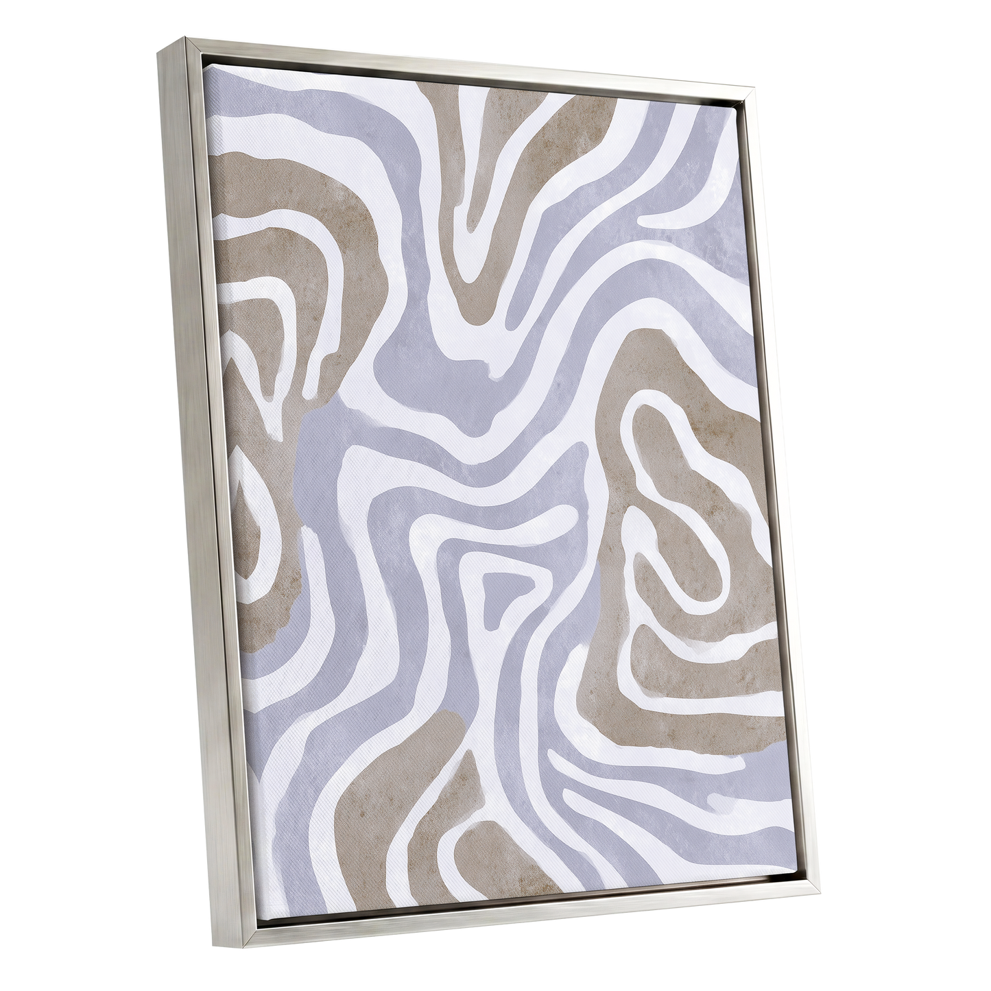 Quiet Contour Drift, white, gray, beige abstract wall art shown as a silver framed canvas wall art