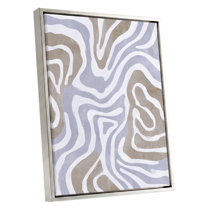 Quiet Contour Drift, white, gray, beige abstract wall art shown as a silver framed canvas wall art