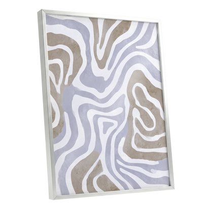 Quiet Contour Drift, white, gray, beige abstract wall art shown as a silver framed poster wall art print