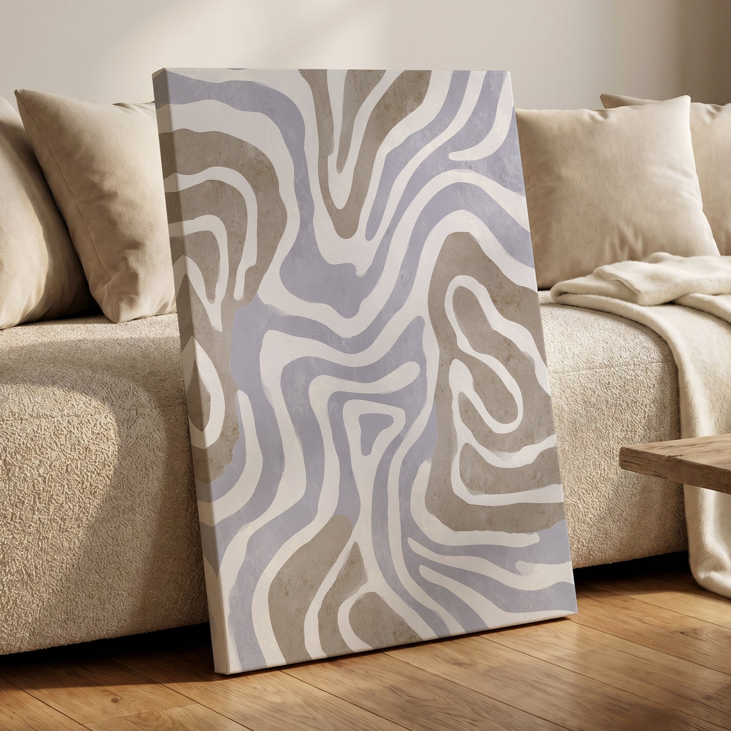 Quiet Contour Drift, white, gray, beige abstract wall art displayed in a styled interior, gallery view 3