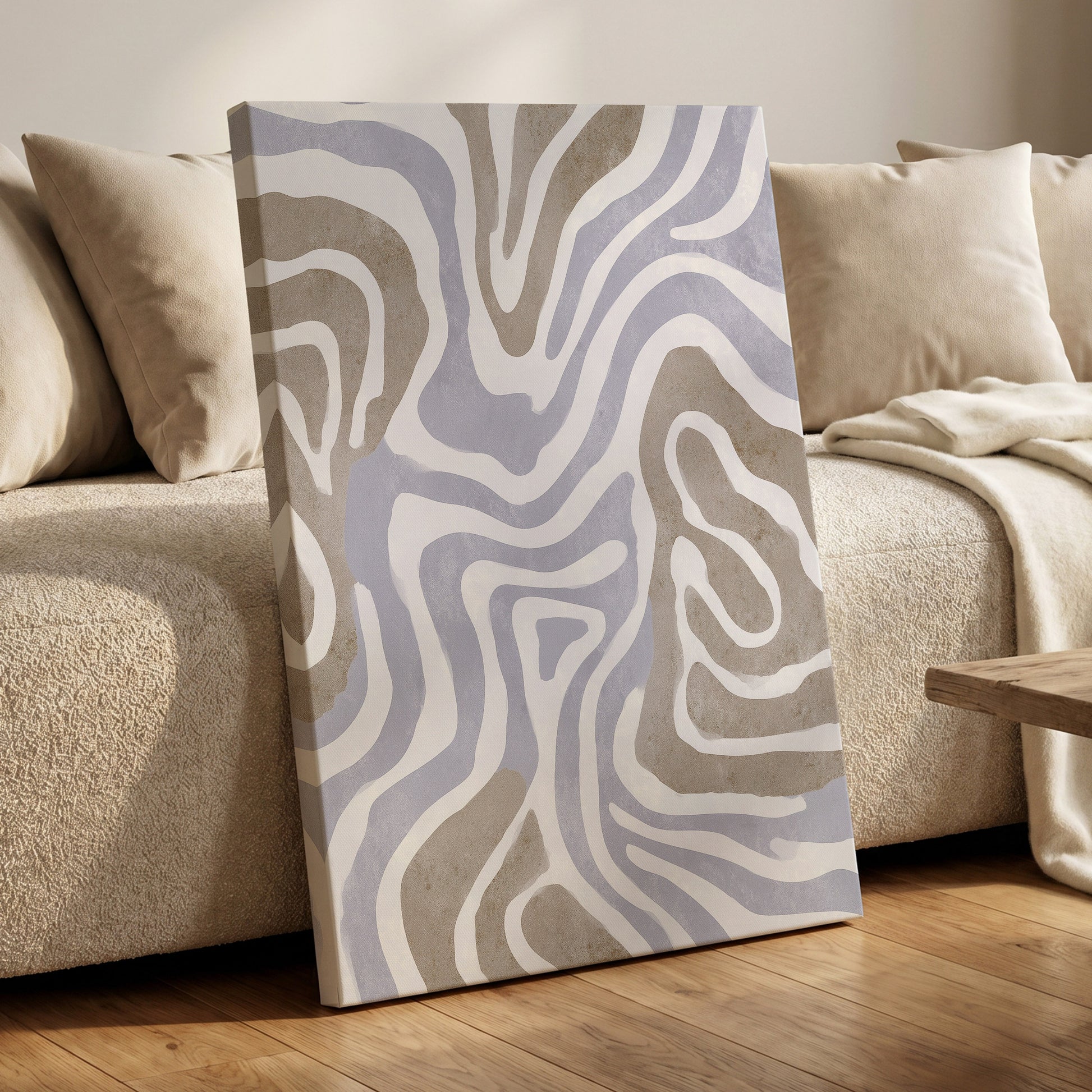 Quiet Contour Drift, white, gray, beige abstract wall art displayed in a styled interior, gallery view 3