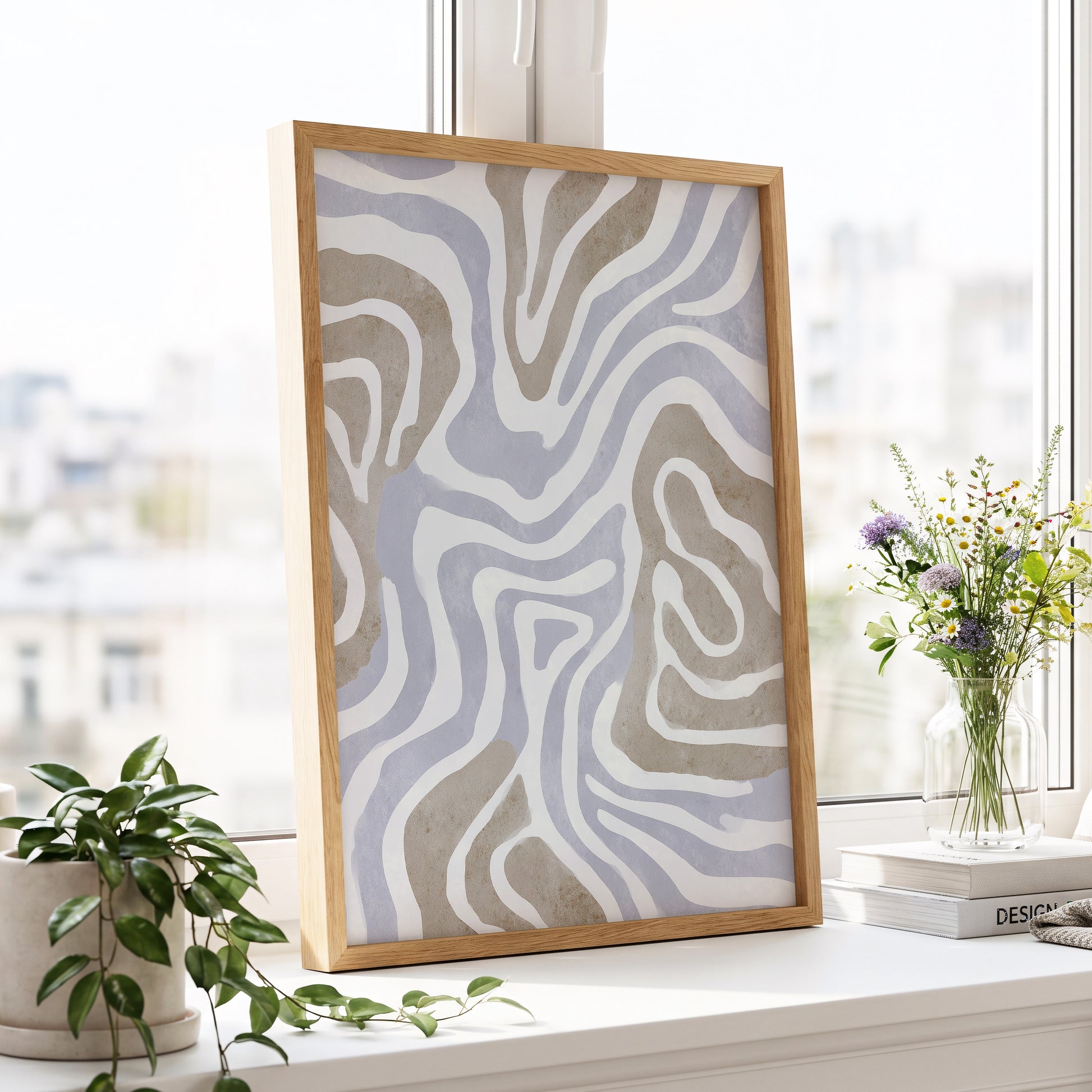 Quiet Contour Drift, white, gray, beige abstract wall art displayed in a styled interior, gallery view 9