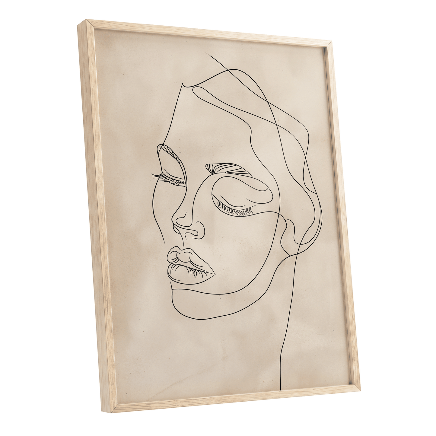 Quiet Contour, black, beige minimalist wall art shown as a oak framed poster wall art print