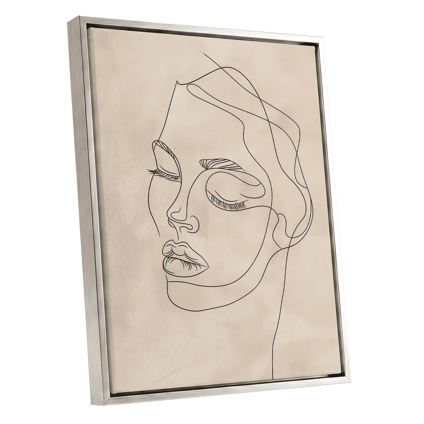 Quiet Contour, black, beige minimalist wall art shown as a silver framed canvas wall art