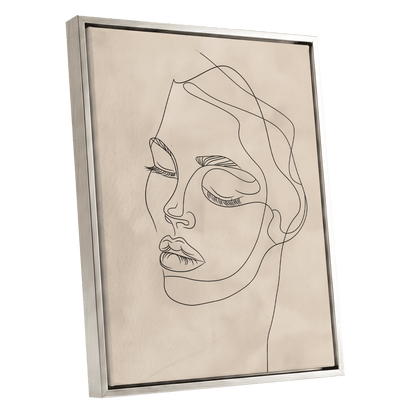 Quiet Contour, black, beige minimalist wall art shown as a silver framed canvas wall art