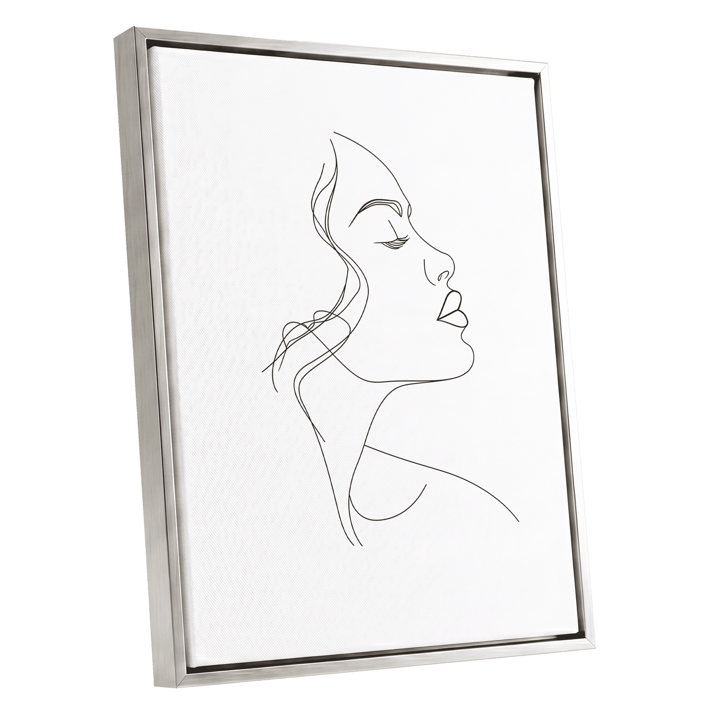Quiet Contour, black, white minimalist wall art shown as a silver framed canvas wall art