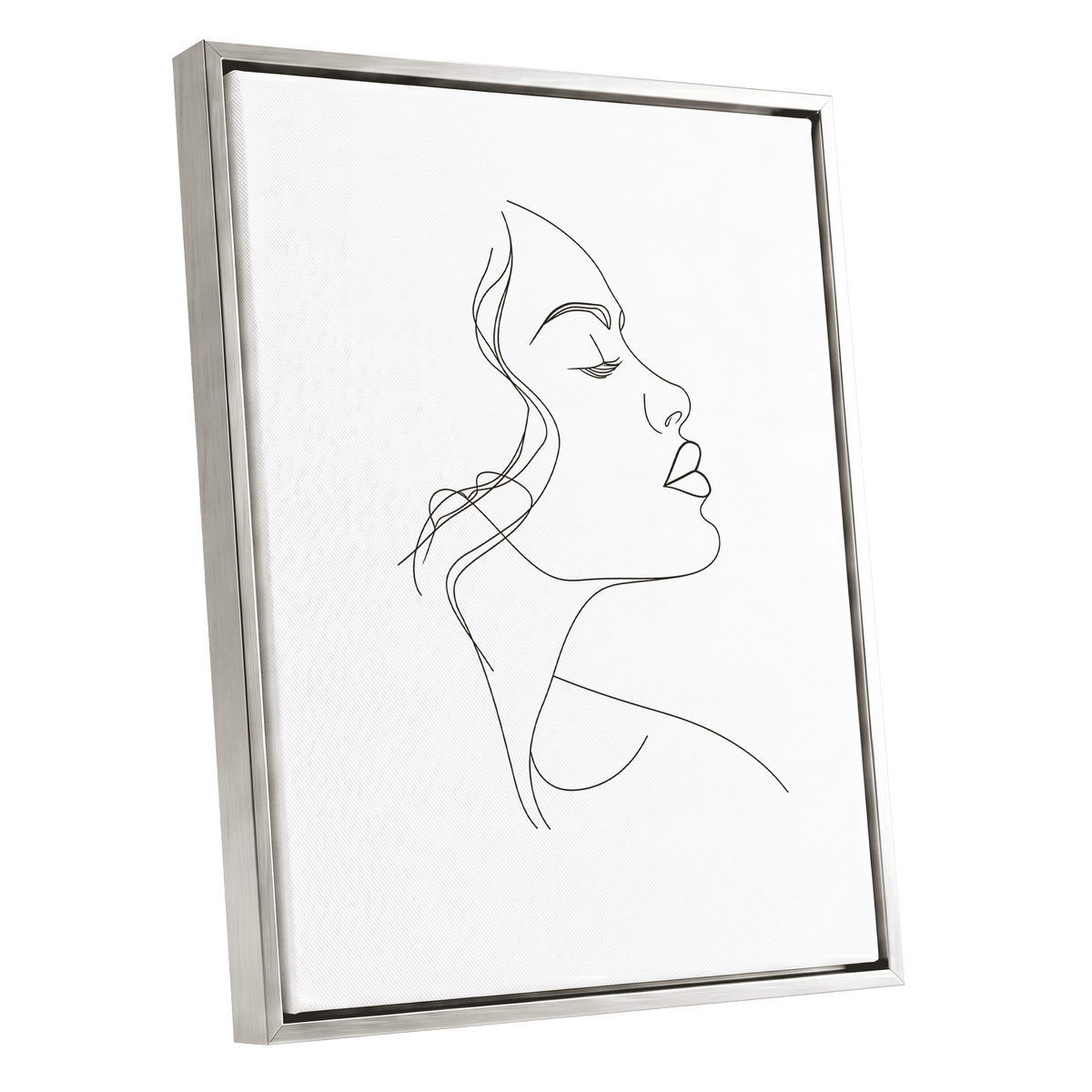 Quiet Contour, black, white minimalist wall art shown as a silver framed canvas wall art