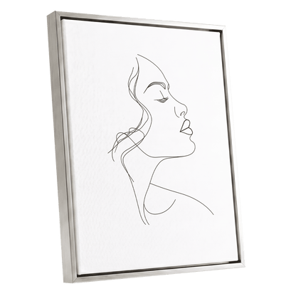 Quiet Contour, black, white minimalist wall art shown as a silver framed canvas wall art