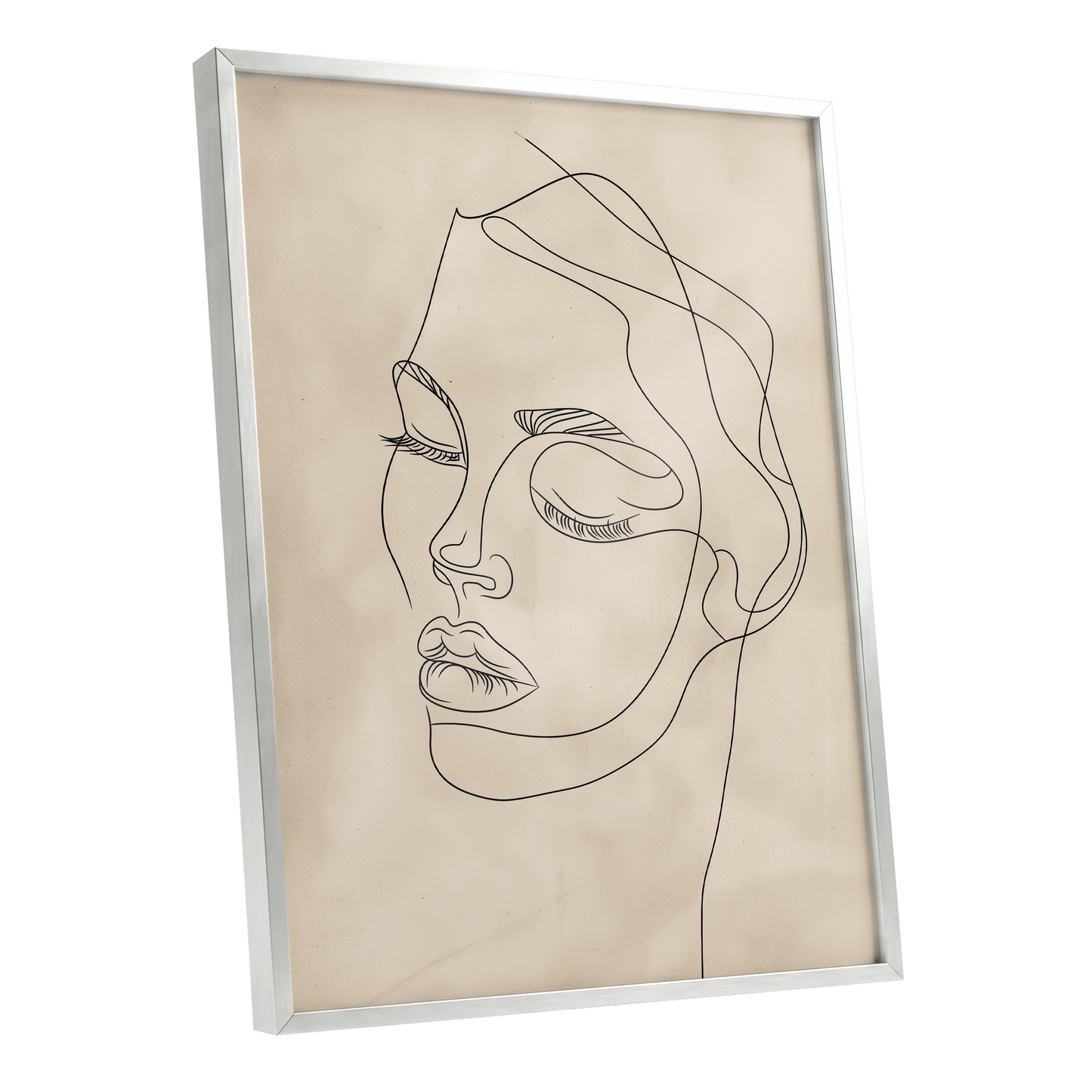 Quiet Contour, black, beige minimalist wall art shown as a silver framed poster wall art print