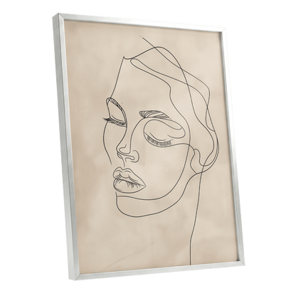 Quiet Contour, black, beige minimalist wall art shown as a silver framed poster wall art print