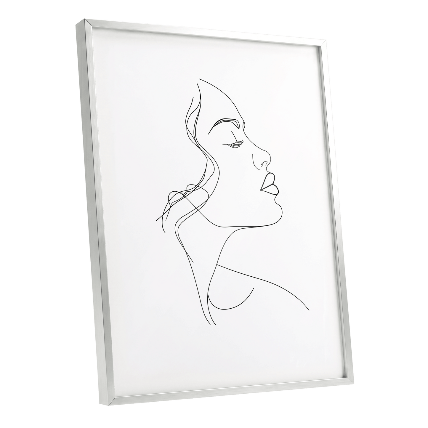 Quiet Contour, black, white minimalist wall art shown as a silver framed poster wall art print