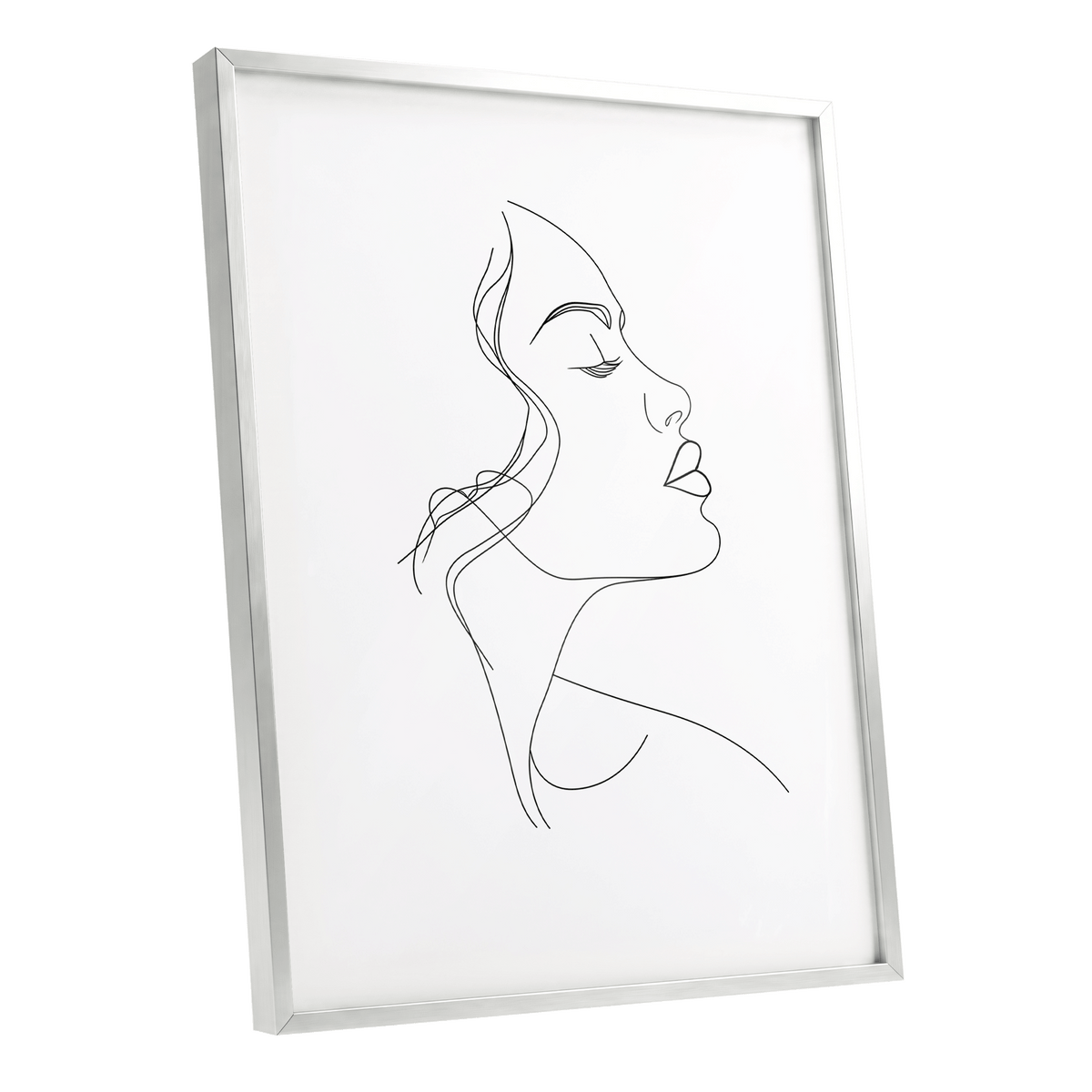 Quiet Contour, black, white minimalist wall art shown as a silver framed poster wall art print