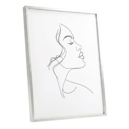 Quiet Contour, black, white minimalist wall art shown as a silver framed poster wall art print