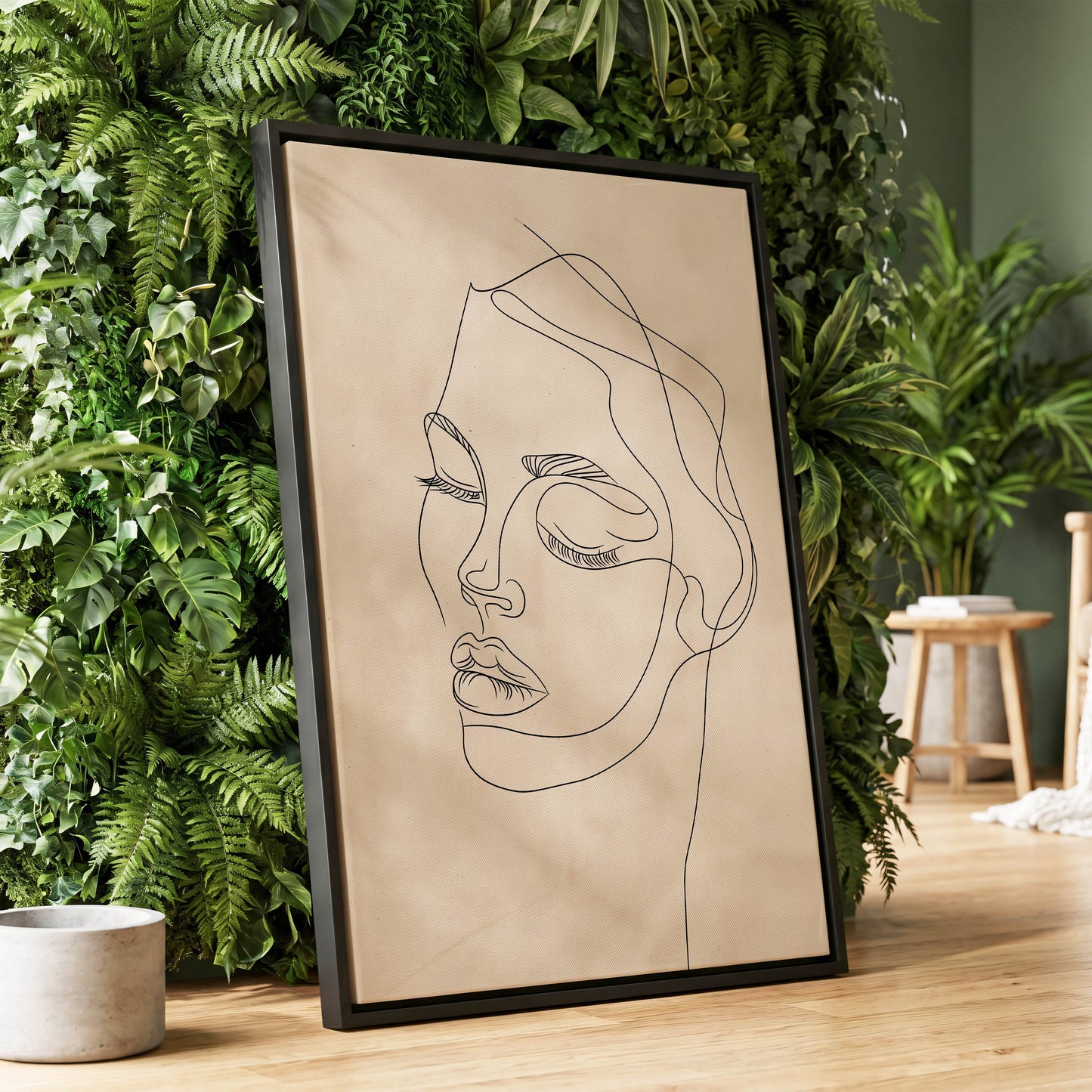 Quiet Contour, black, beige minimalist wall art displayed in a styled interior, gallery view 1