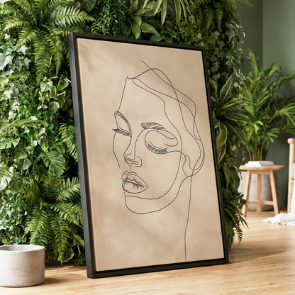 Quiet Contour, black, beige minimalist wall art displayed in a styled interior, gallery view 1