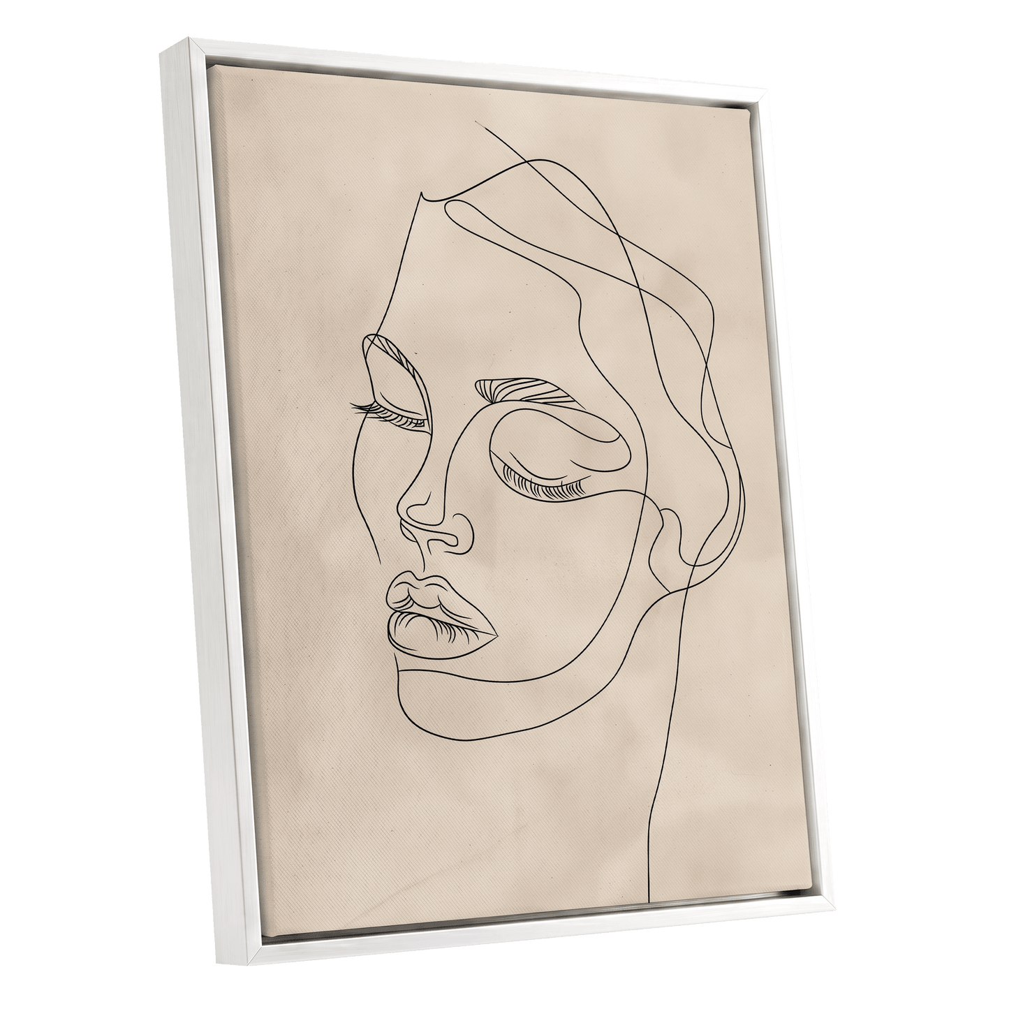 Quiet Contour, black, beige minimalist wall art shown as a white framed canvas wall art